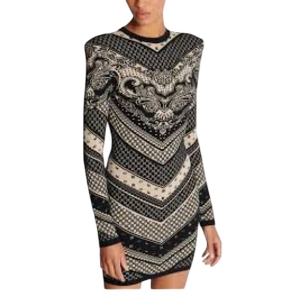 NWT Balmain Paris Paisley & Monogram Bodycon Mini Dress Black Ivory Size 38